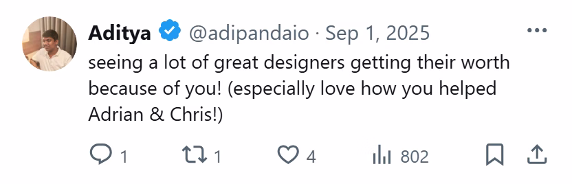 X post from Aditya: ...last year agency revenue was good ($160k)... seeing a lot of great designers getting their worth because of you!
