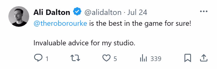 X post from Ali Dalton: @theroborourke is the best in the game for sure! Invaluable advice for my studio.