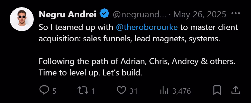 X post from Negru Andrei: Scaled Windify to ~$150k ARR (avg $12k MRR) solo. But going from here to $100k MRR? Whole different game. So I teamed up with @theroborourke to master client acquisition: sales funnels, lead magnets, systems. Following the path of Adrian, Chris, Andrey & others. Time to level up. Let's build.
