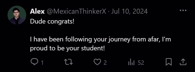 X post from Alex: I have been following your journey from afar, I'm proud to be your student!