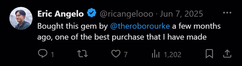 X post from Eric Angelo: Bought this gem by @theroborourke a few months ago, one of the best purchase that I have made