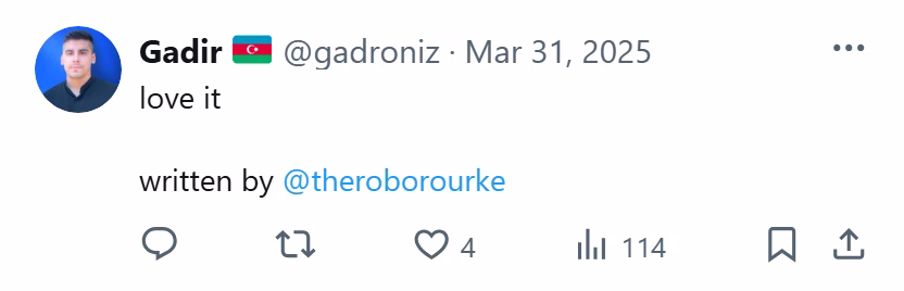 X post from Gadir: love it written by @theroborourke
