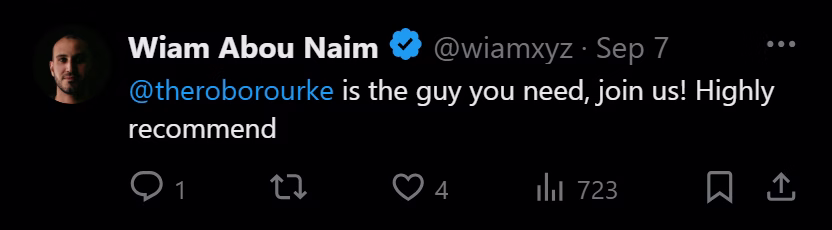 X post from Wiam Abou Naim: @theroborourke is the guy you need, join us! Highly recommend