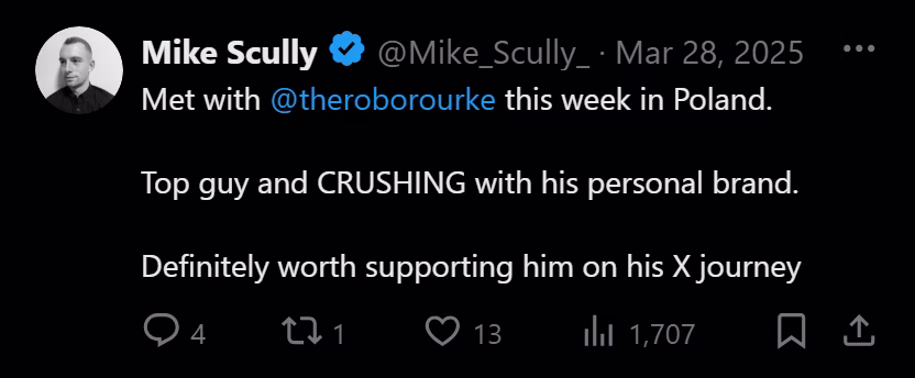 X post from Mike Scully: Met with @theroborourke this week in Poland. Top guy and CRUSHING with his personal brand. Definitely worth supporting him on his X journey