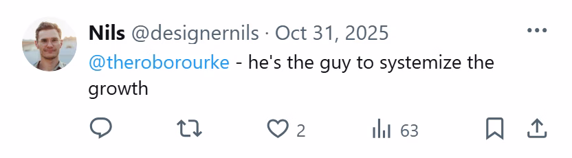 X post from Nils: @theroborourke - he's the guy to systemize the growth