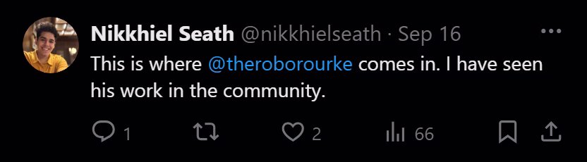 X post from Nikkhiel Seath: This is where @theroborourke comes in. I have seen his work in the community.