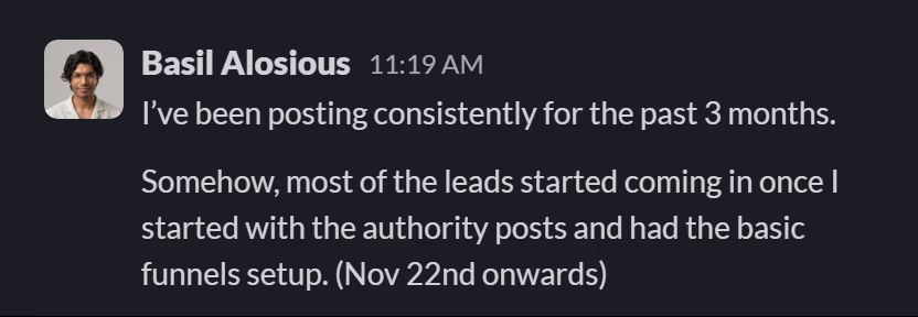 Slack message from Basil Alosious: I’ve been posting consistently for the past 3 months.
---
Somehow, most of the leads started coming in once I started with the authority posts and had the basic funnels setup. (Nov 22nd onwards)