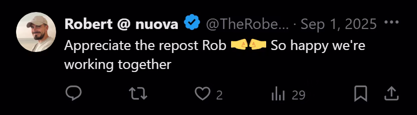 X post from Robert: Appreciate the repost Rob. So happy we're working together
