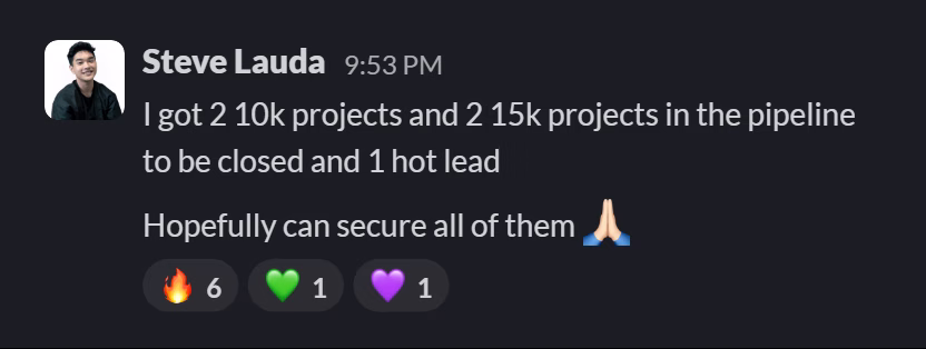 Slack message from Steve Lauda: I got 2 10k projects and 2 15k projects in the pipeline to be closed and 1 hot lead

Hopefully can secure all of them 🙏🏻