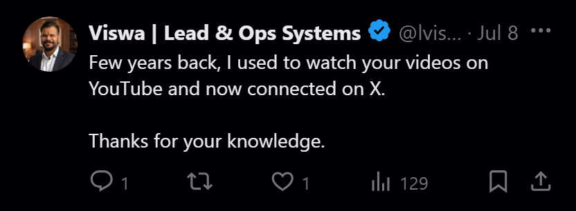 X post from Viswa: Few years back, I used to watch your videos on YouTube and now connected on X. Thanks for your knowledge.