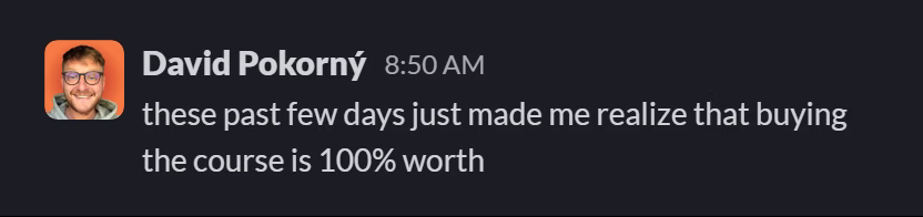 Slack message from David Pokorný: these past few days just made me realize that buying the course is 100% worth