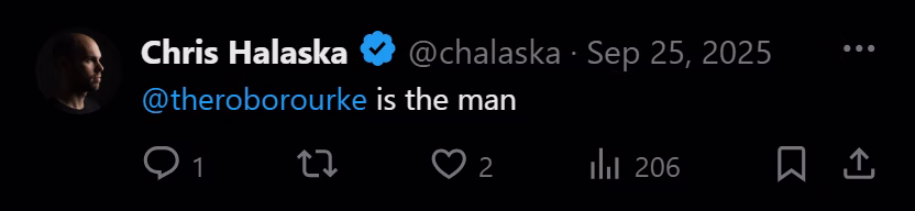 X post from Chris Halaska: @theroborourke is the man