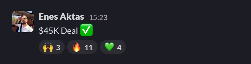 Slack message from Enes Aktas: $45K Deal ✅
