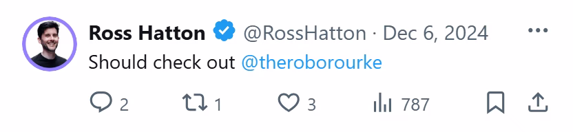 X post from Ross Hatton: Should check out @theroborourke