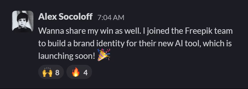 Slack message from Alex Socoloff: Wanna share my win as well. I joined the Freepik team to build a brand identity for their new AI tool, which is launching soon! 🎉