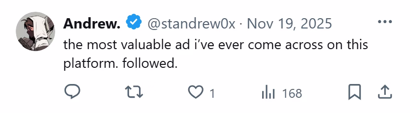 X post from Andrew: the most valuable ad i've ever come across on this platform. followed.
