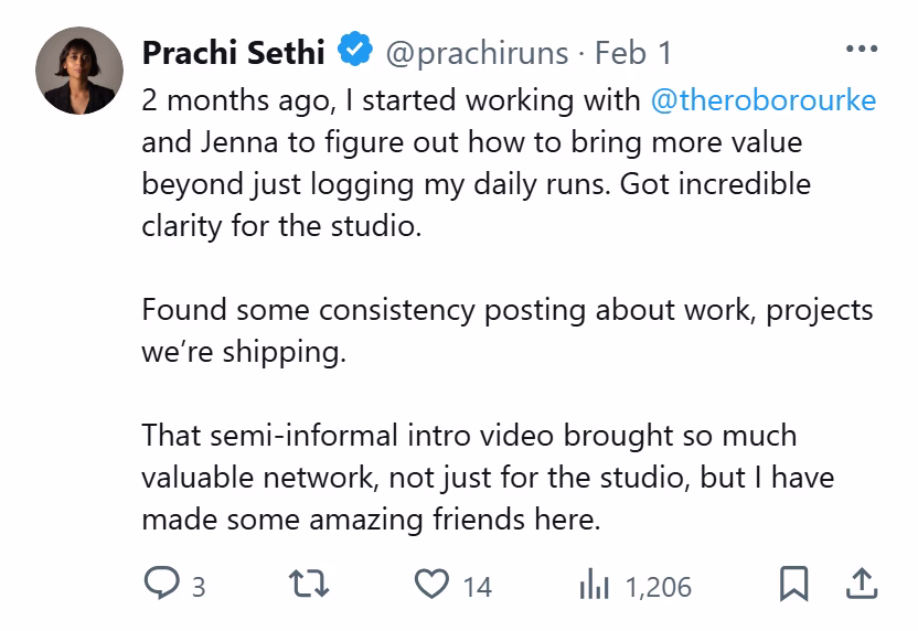 X post from Prachi Sethi: 2 months ago, I started working with @theroborourke and Jenna to figure out how to bring more value beyond just logging my daily runs. Got incredible clarity for the studio. Found some consistency posting about work, projects we're shipping. That semi-informal intro video brought so much valuable network, not just for the studio...