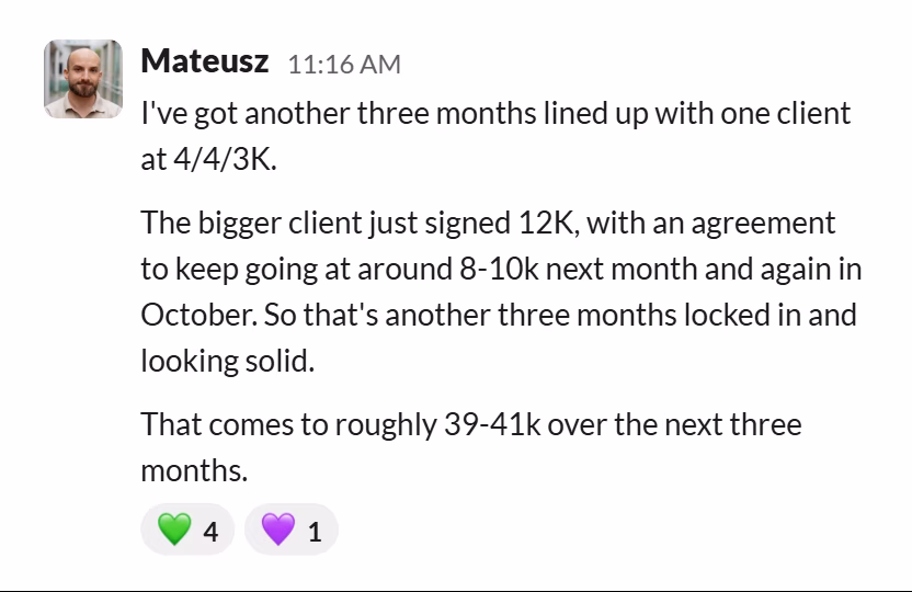 Slack message from Mateusz: I've got another three months lined up with one client at 4/4/3K.

The bigger client just signed 12K, with an agreement to keep going at around 8-10k next month and again in October. So that's another three months locked in and looking solid.

That comes to roughly 39-41k over the next three months.