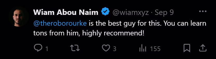 X post from Wiam Abou Naim: @theroborourke is the best guy for this. You can learn tons from him, highly recommend!