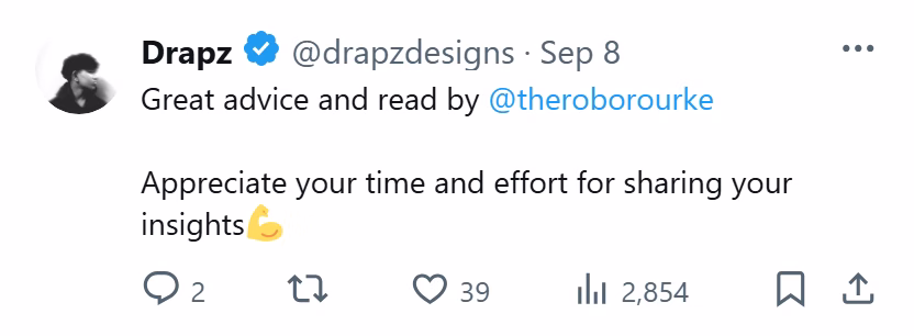 X post from Drapz: Great advice and read by @theroborourke Appreciate your time and effort for sharing your insights