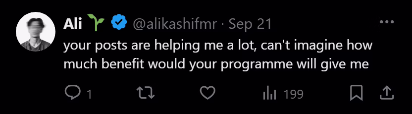 X post from Ali: your posts are helping me a lot, can't imagine how much benefit would your programme will give me