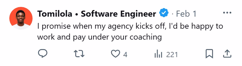 X post from Tomilola: ...I promise when my agency kicks off, I'd be happy to work and pay under your coaching