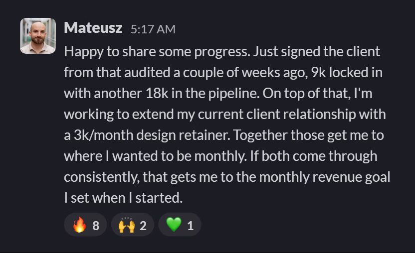 Slack message from Mateusz: Happy to share some progress. Just signed the client from that audited a couple of weeks ago, 9k locked in with another 18k in the pipeline. On top of that, I'm working to extend my current client relationship with a 3k/month design retainer. Together those get me to where I wanted to be monthly. If both come through consistently, that gets me to the monthly revenue goal I set when I started.