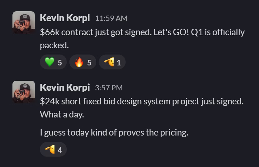 Slack message from Kevin Korpi: $66k contract just got signed. Let's GO! Q1 is officially packed.
---
$24k short fixed bid design system project just signed. What a day.

I guess today kind of proves the pricing.