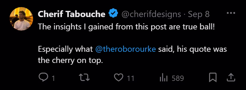 X post from Cherif Tabouche: what @theroborourke said, his quote was the cherry on top.