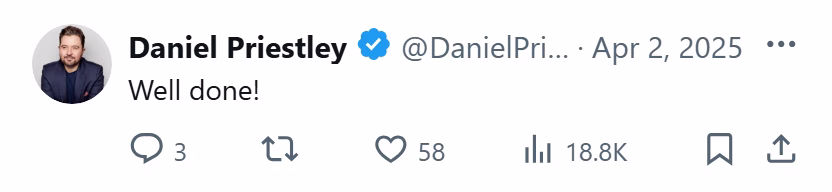 X post from Daniel Priestley: Well done!