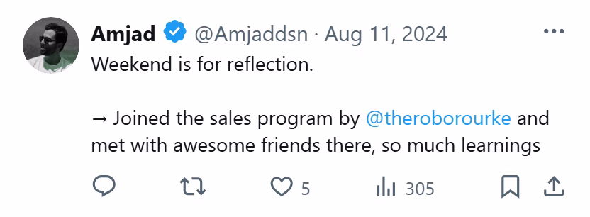 X post from Amjad: ...Joined the sales program by @theroborourke and met with awesome friends there, so much learnings