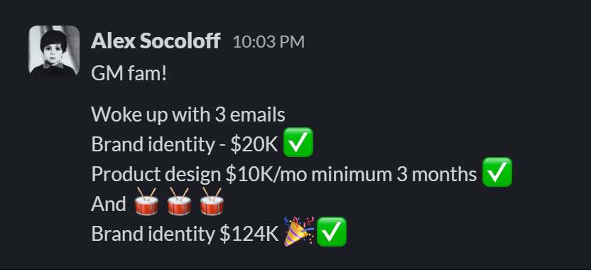 Slack message from Alex Socoloff: GM fam!

Woke up with 3 emails
Brand identity - $20K ✅
Product design $10K/mo minimum 3 months ✅
And 🥁🥁🥁
Brand identity $124K 🎉✅