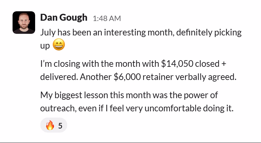 Slack message from Dan Gough: July has been an interesting month, definitely picking up 😄

I’m closing with the month with $14,050 closed + delivered. Another $6,000 retainer verbally agreed.

My biggest lesson this month was the power of outreach, even if I feel very uncomfortable doing it.