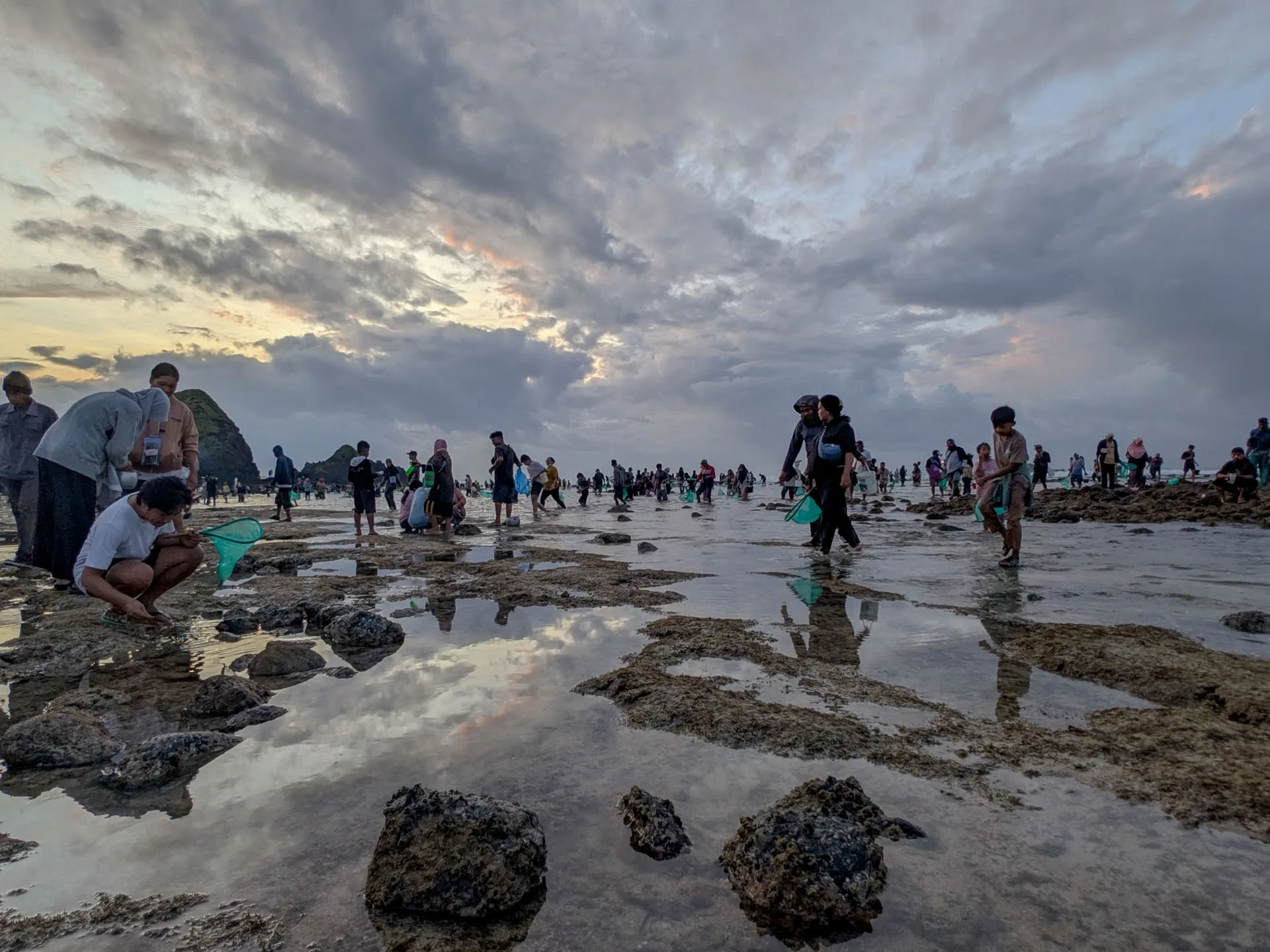 People with green nets wade through rock pools at low tide on Seger beach during Bau Nyale, clouds reflected in the water.