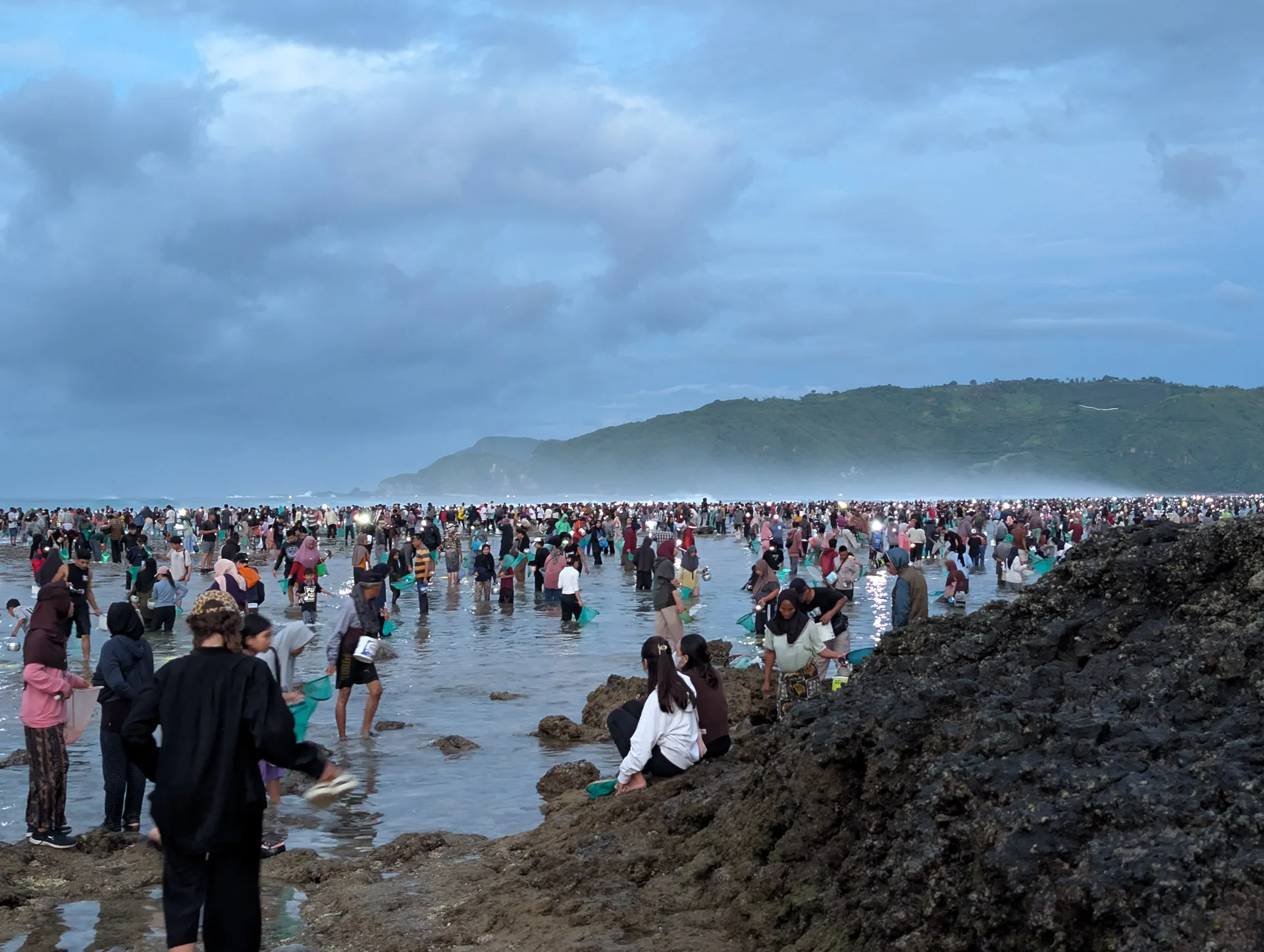 Thousands of people with nets and torches wade across the reef at low tide on Seger beach in the early morning