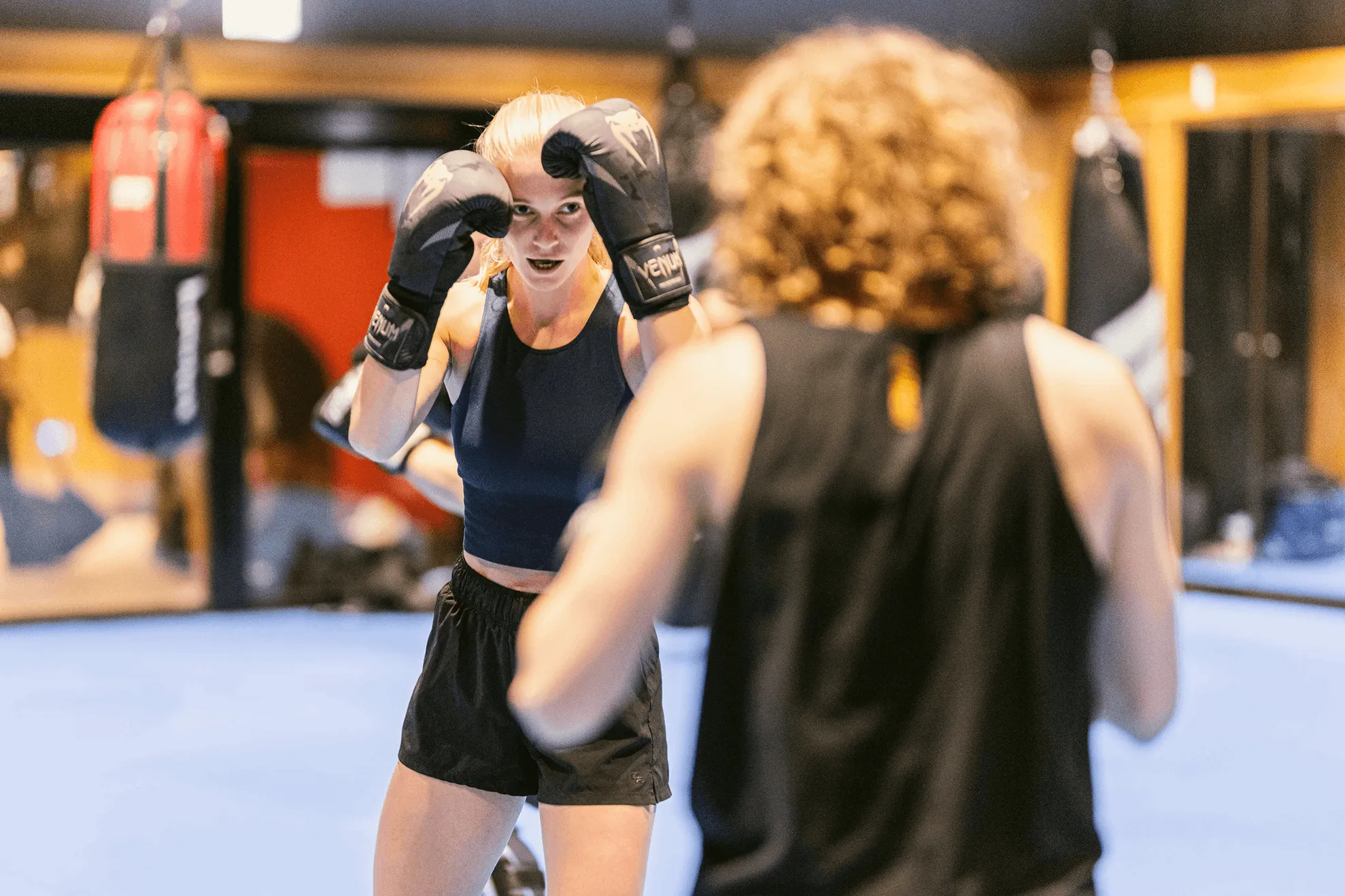 Two women in boxing gloves sparring in a blue-walled gym, facing each other in a defensive stance.