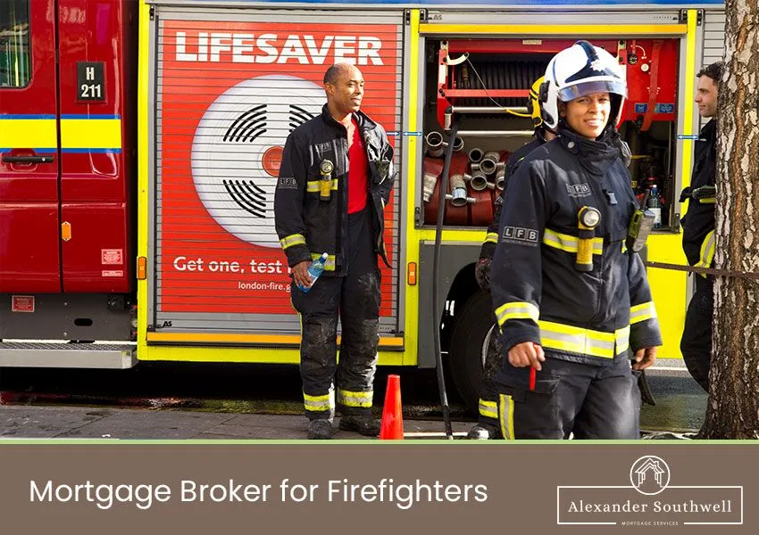 Firefighter in uniform consulting with a fee-free mortgage adviser