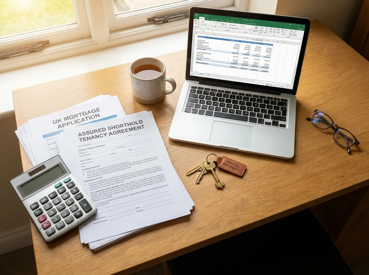 Landlord's desk with mortgage documents, calculator and keys ready for a buy to let remortgage application