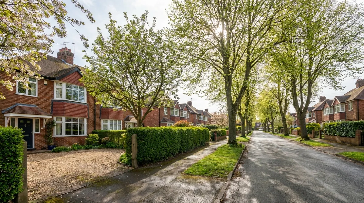 Leafy UK suburban street of semi-detached rental homes where landlords compare buy to let remortgage deals