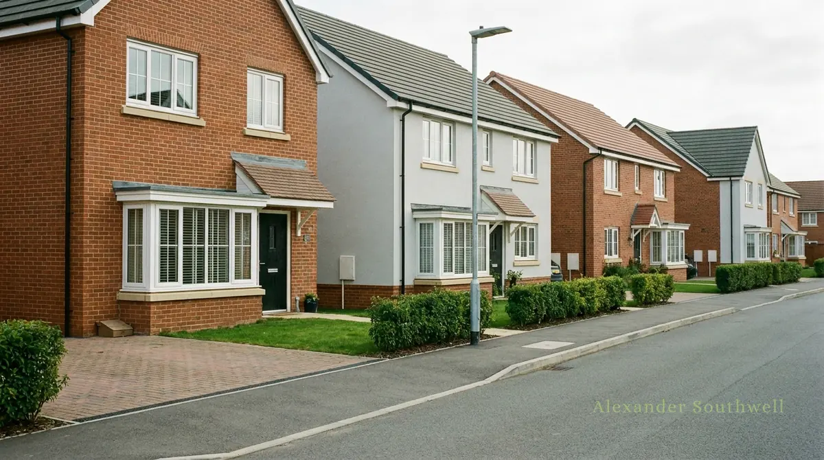 Row of new build family homes on a UK street, typical of properties bought using key worker mortgage schemes
