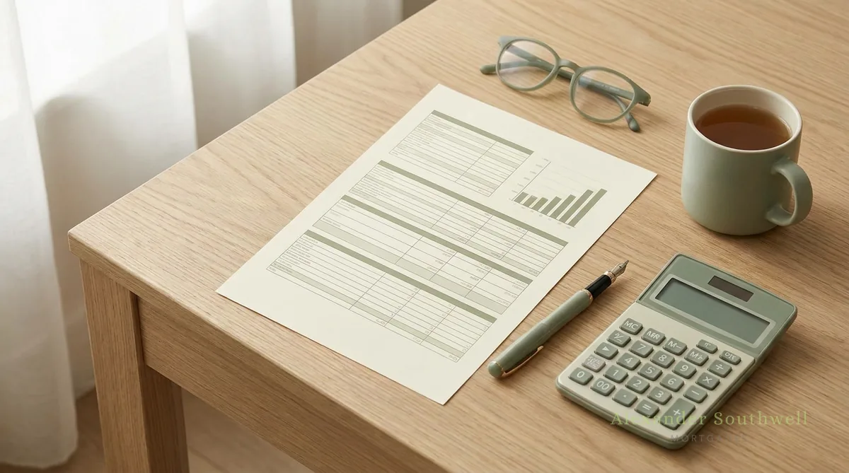 Printed mortgage capacity assessment report with calculator on an adviser desk