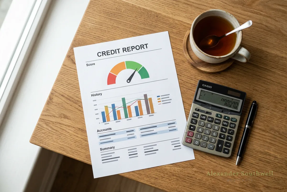 Printed credit report and calculator on a desk, checking your credit file before a mortgage application