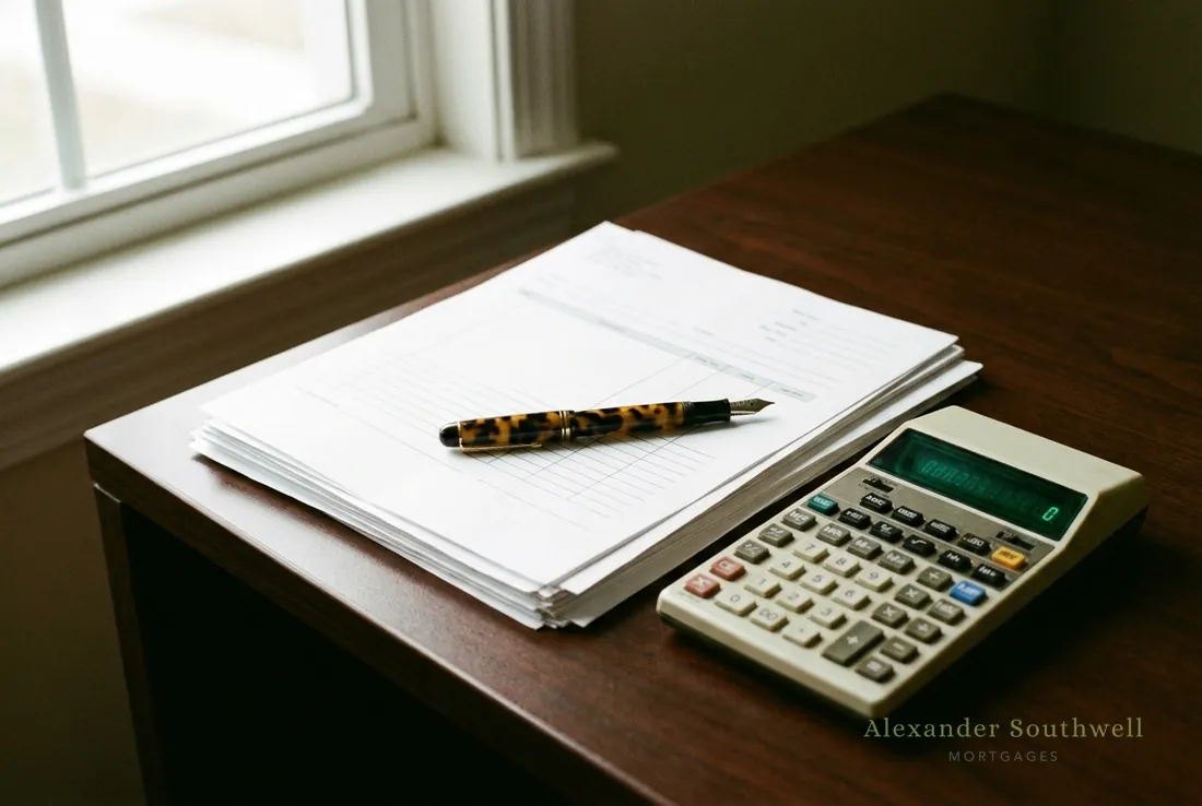 Paperwork, pen and calculator on a desk, getting a mortgage after an IVA