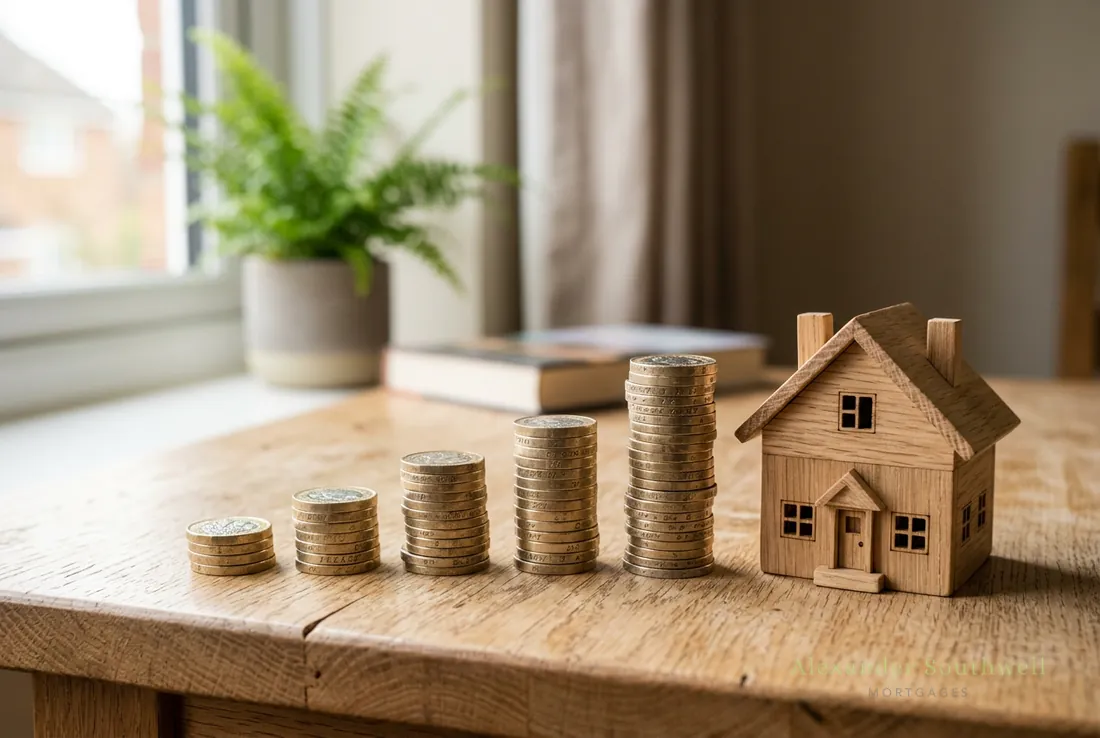 Pound coins stacked beside a model house, bad credit mortgage costs and rates