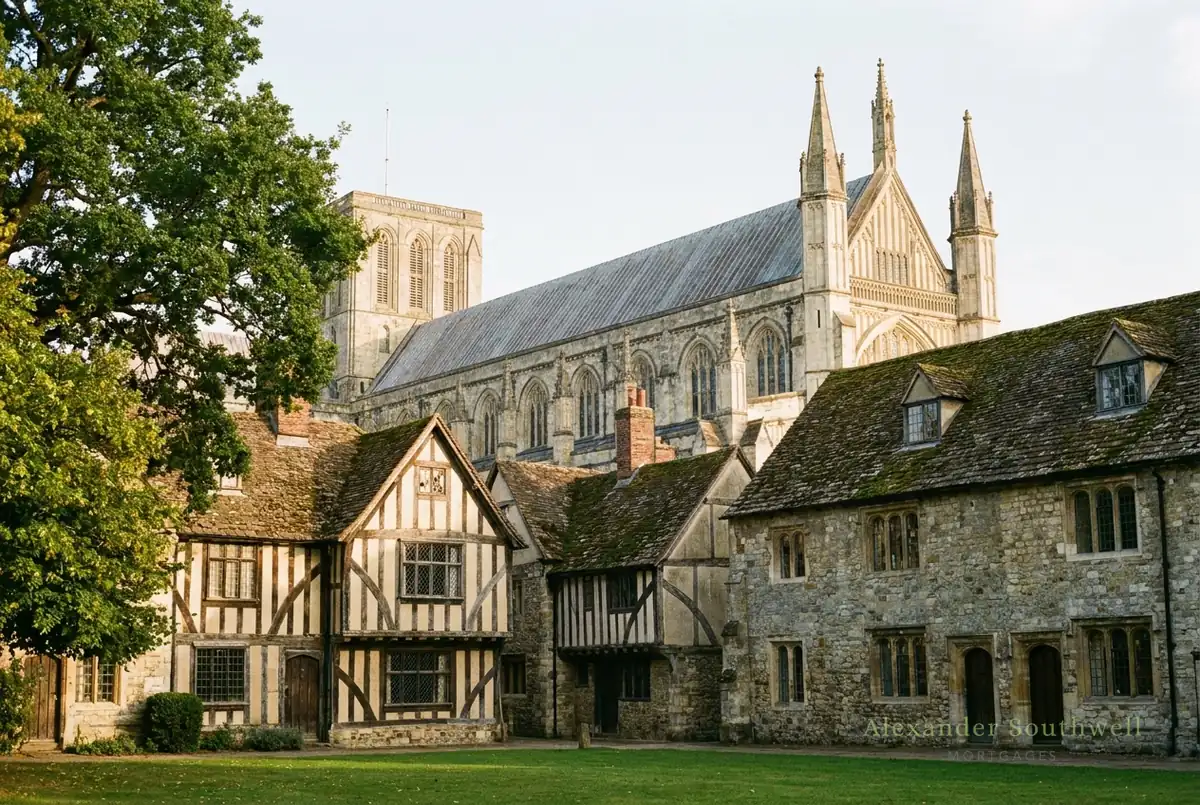Winchester Cathedral rising above old stone buildings and trees in the cathedral close