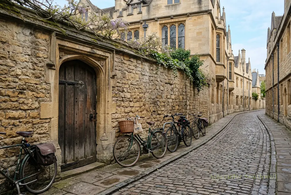 Quiet Oxford street with honey coloured college walls and bicycles, fee free mortgage advice
