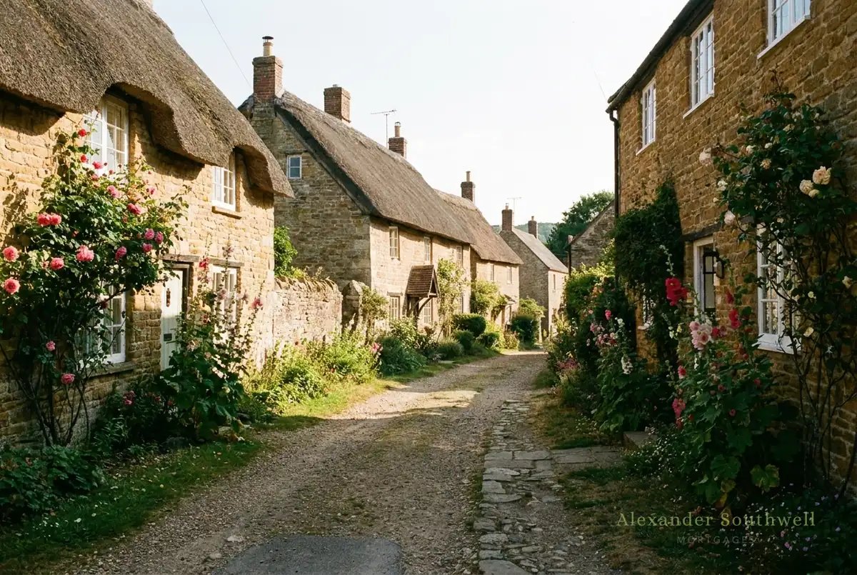 Quiet lane of stone and thatched cottages in a Dorset village