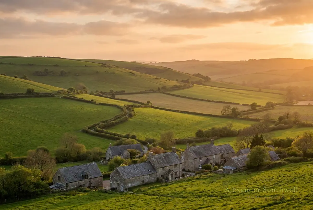 Stone cottages in the rolling Dorset countryside