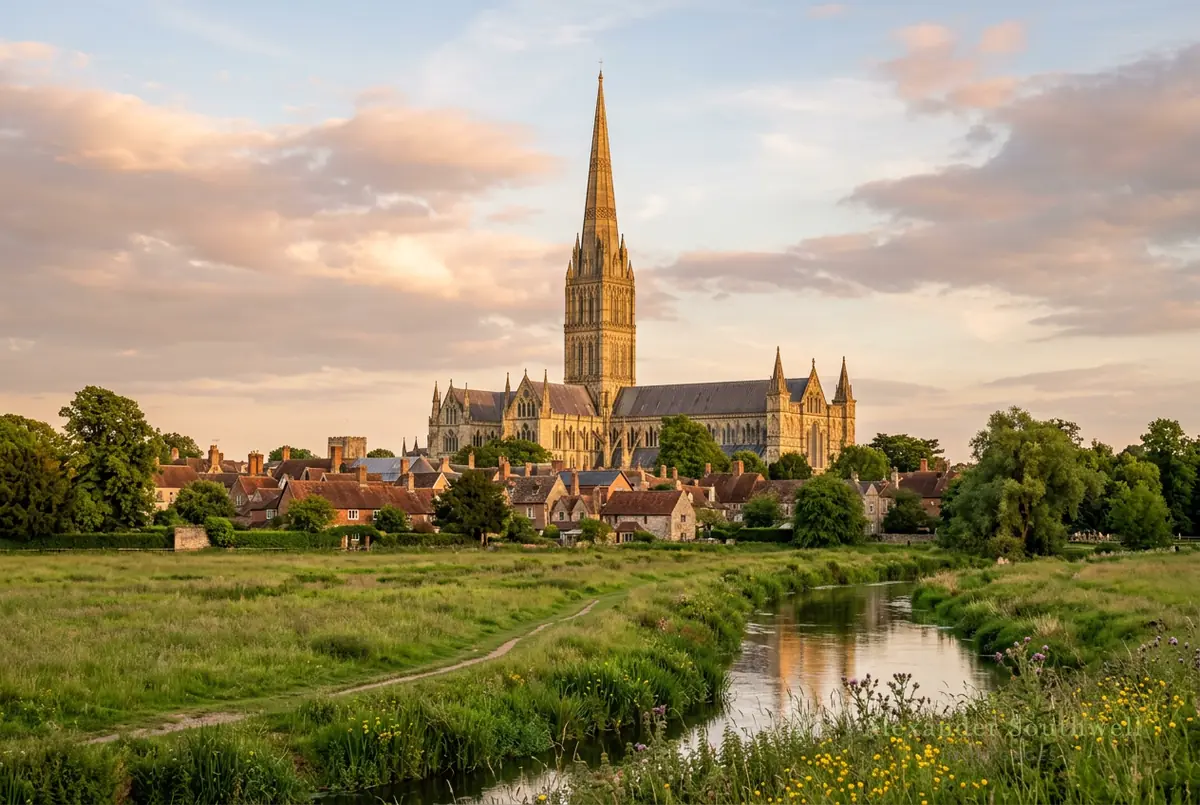 Salisbury Cathedral spire above the city, covered by our fee free mortgage brokers