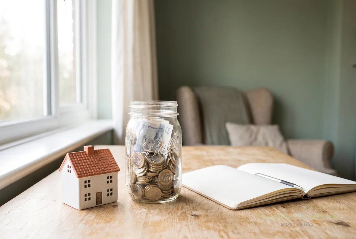 Savings jar and model house representing a first time buyer saving a mortgage deposit